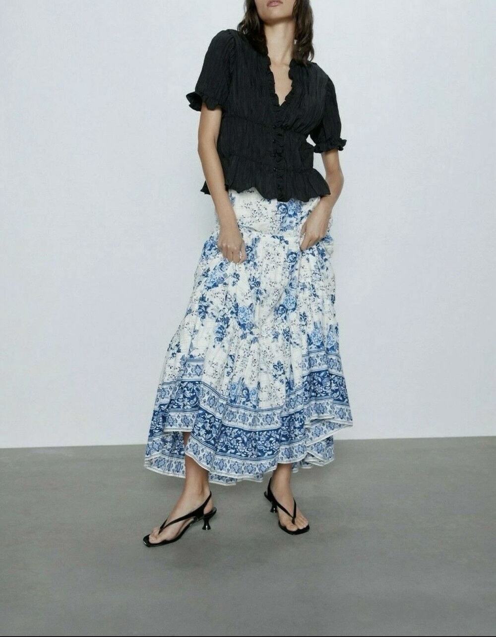 ZARA Women's 100% Cotton Blue White Floral Voluminous Tiered Maxi Skirt Sz XS-S